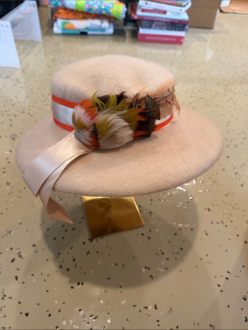 Vintage Beige Felt Wide-Brim Hat with Feather Trim